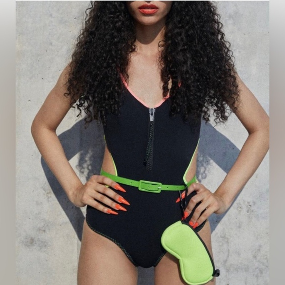 Zara black neon trim cut out front zip v-back one piece swimsuit size small new - Picture 2 of 8